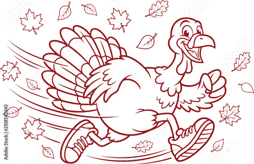 Cartoon line art illustration of a funny turkey running fast wearing sneakers for thanksgiving holiday celebration