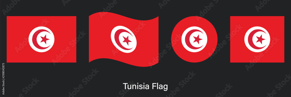 Obraz premium Tunisia Flag Set with Waving, Circle and Rectangle Shapes Vector Illustration