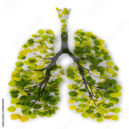 Human lungs concept created from green tree branches and leaves on white background