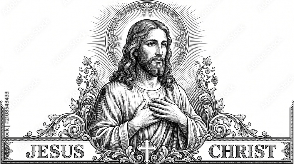 Fototapeta premium Jesus Christ Portrait: A black and white artistic portrayal of Jesus Christ, with a halo radiating light and his hands clasped over his heart, embodying divine compassion and faith.