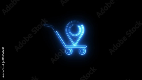 Neon blue outline shopping cart icon with map pin symbol animation on isolated black backdrop.