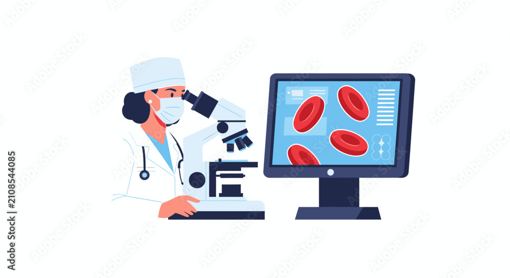 Obraz premium Female Scientist Analyzing Red Blood Cells Using Microscope and Computer Monitor in Medical Laboratory Vector Illustration