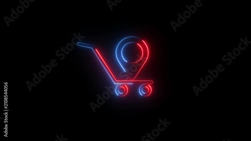 Neon glowing shopping cart icon with location pin animation on black background.