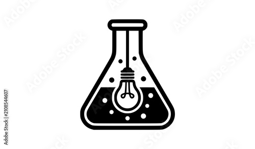 Fotografie Minimal Chemistry Flask with Light Bulb Black Silhouette Vector Icon for Scienti