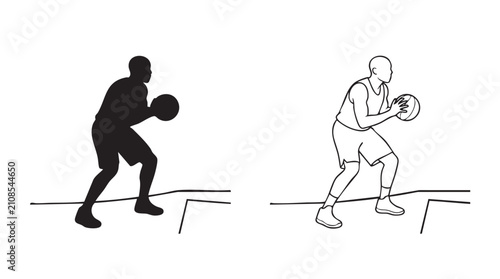 Foto basketball vector silhouette with line art pair icon on court baseline