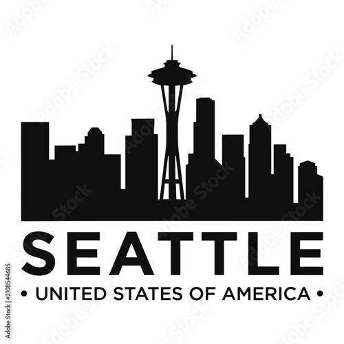 Seattle Skyline Silhouette With Typography Black On White Background