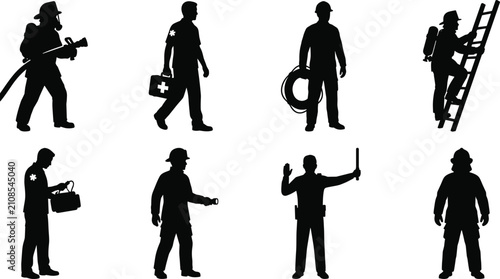 Photos Emergency responders silhouette set including firefighters with hose and ladder,
