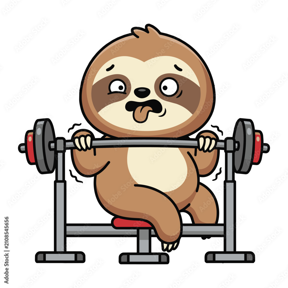 Obraz premium Funny cartoon sloth struggling to lift a heavy barbell on a weight bench in a gym setting sticking its tongue out and shaking with effort isolated on white