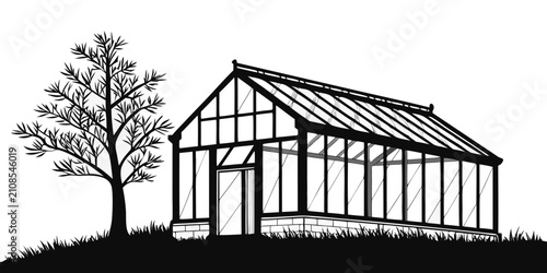 фотографія Black greenhouse silhouette with wooden frame, isolated on white background, bla