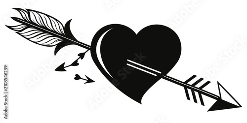 Obraz na płótnie Black heart pierced by arrows, isolated silhouette, valentine's day theme pierce