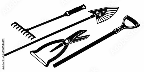 Obraz na płótnie Black landscaping tool silhouette set isolated, gardening rake, hoe, shovel, she