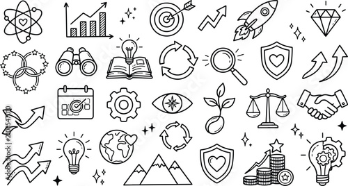 Collection of hand drawn business icons and growth strategy symbols with business strategy management lightbulb binocular magnifying calendar handshake mountain planning