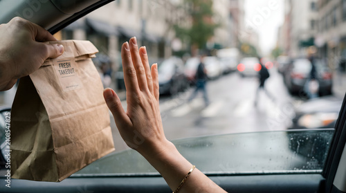 Hand Refusing Fast Food Bag Healthy Choice Concept