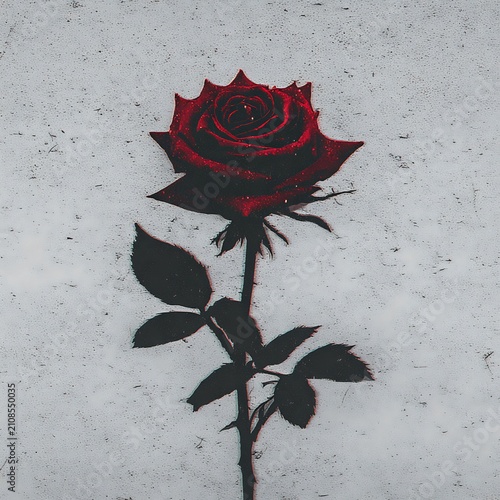 Minimalist Red Rose on Textured Grey Wall with Copy Space for Romantic Concept
