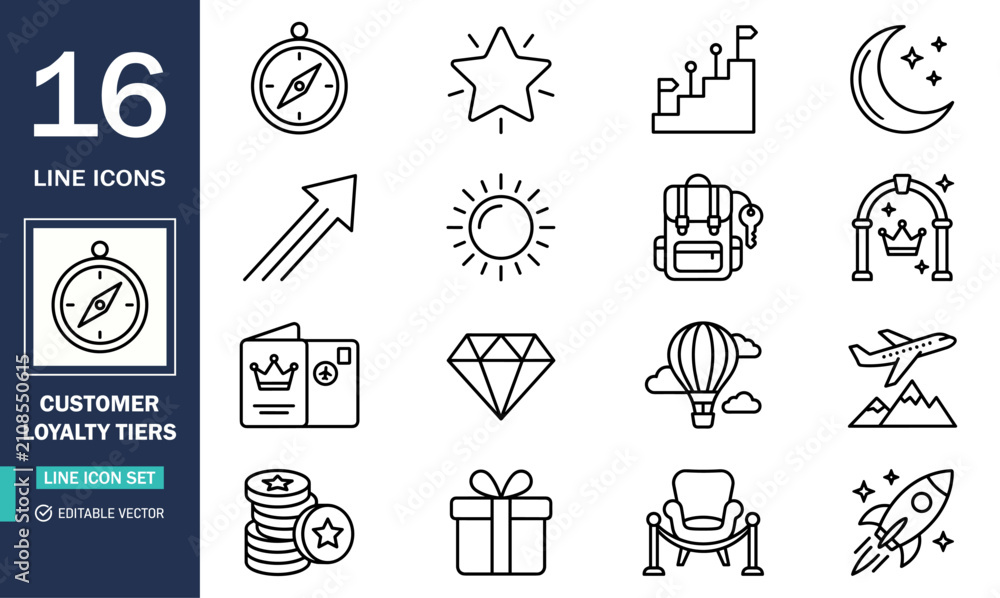 Fototapeta premium Customer loyalty tiers and rewards program line icons set with hot air balloon customer business membership climbing