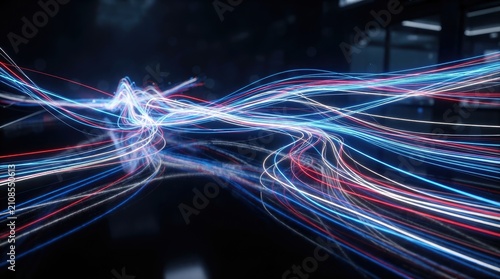 Abstract digital light trails flowing across a dark background representing high speed data transfer and modern network connectivity