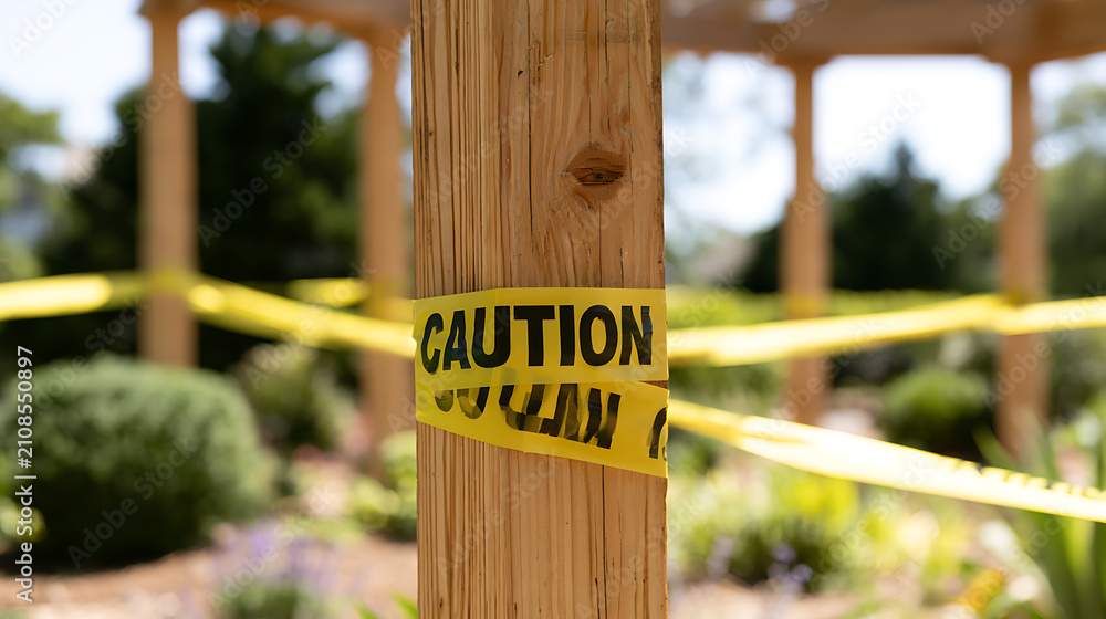 Obraz premium Yellow caution tape wrapped around a wooden post outdoors, signifying hazard, danger, or restricted access in a public or private space