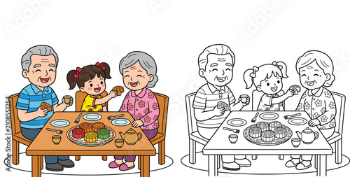 Happy Family Eating Mooncakes and Drinking Tea