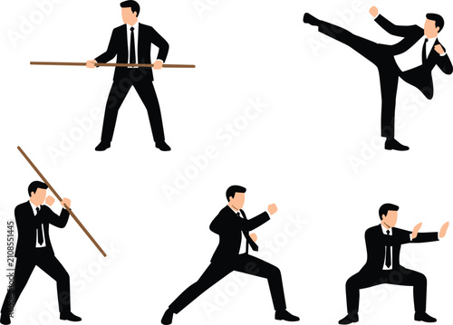 Businessman martial arts character set with formal suit secret agent fighters posing kicking punching and holding staff vector illustration