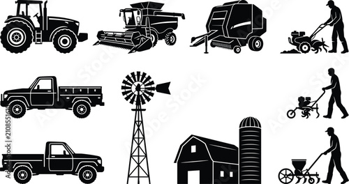 Cuadro en lienzo Agricultural machinery and farm equipment set featuring tractor combine harveste