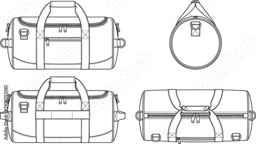 Vector technical illustration of cylindrical duffel bag featuring front, back, side, and top views with zipper and stitching details.