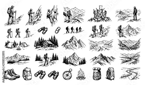 Hand Drawn Hiking and Mountain Engraving Vector Illustration Set