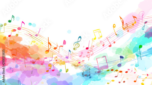 Colorful watercolor music notes illustration on white background