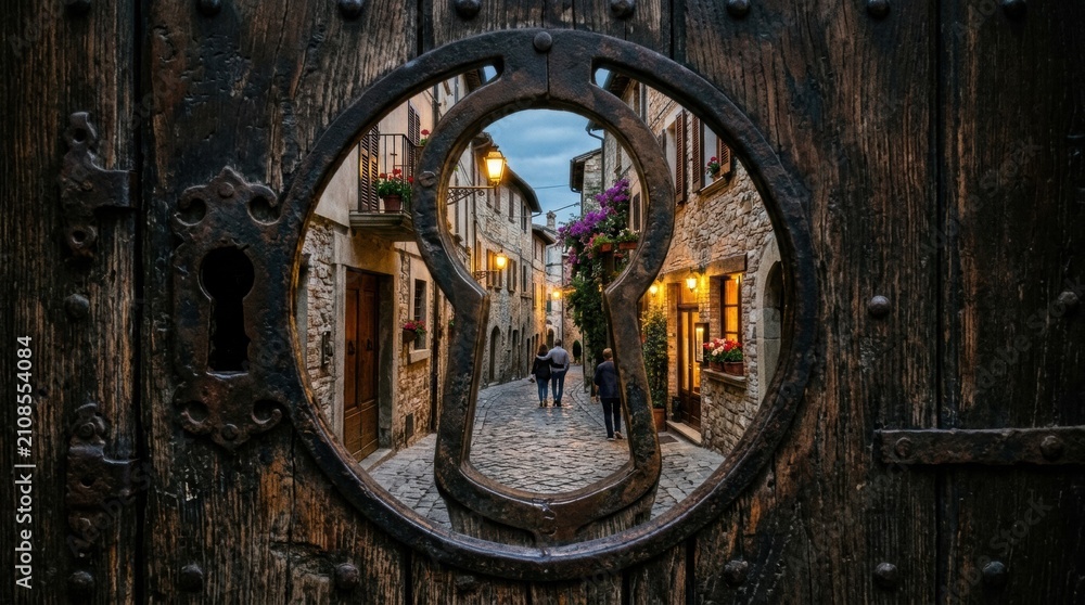 Obraz premium Explore a picturesque street through a keyhole, revealing charming architecture and evening lights, perfect for travel, tourism, and lifestyle themes.