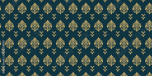 Quadro su tela Elegant Gold Floral Damask Seamless Pattern on Dark Teal Background