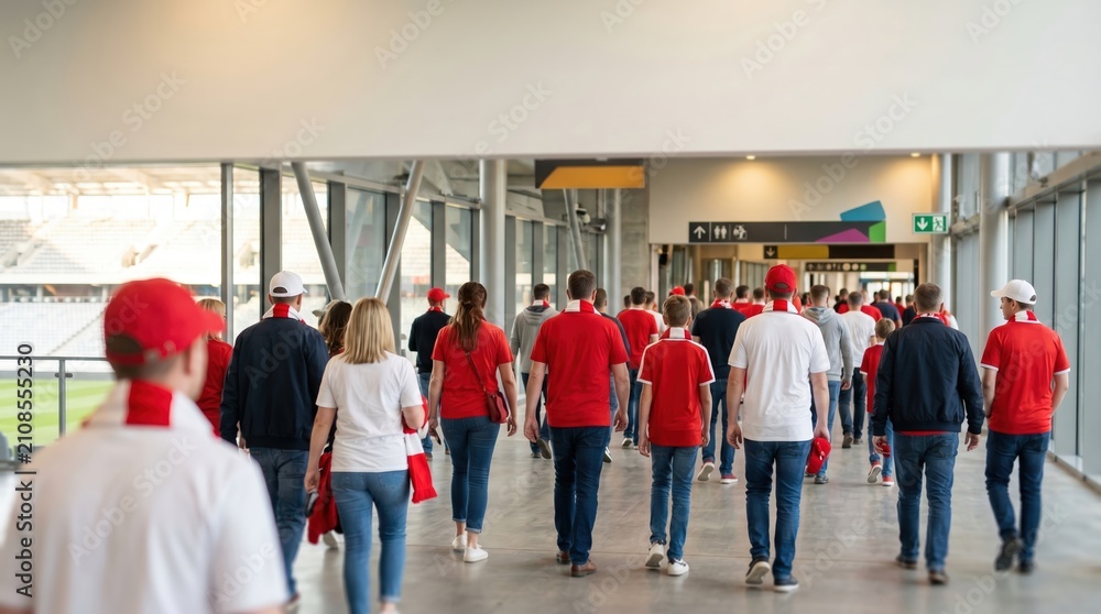 Fototapeta premium Sports fans walking through stadium concourse toward seating area