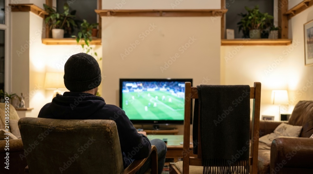 Fototapeta premium Football fan watching match on television in cozy living room