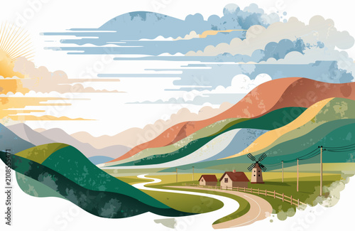 Stylized rural landscape with rolling hills a winding road and a windmill during a dramatic sky