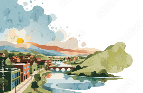 Watercolor landscape with a village river and rolling hills under a stylized sky during sunrise