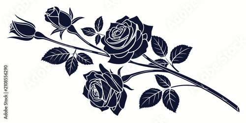 Cuadro en lienzo Black rose bouquet silhouette on white background, black roses flowers