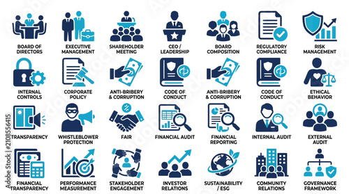 Foto Corporate governance and business ethics icons set.