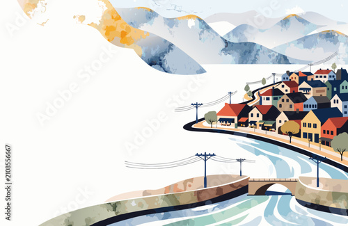 Watercolor village nestled by a flowing river with distant snow-capped mountains under a bright sky