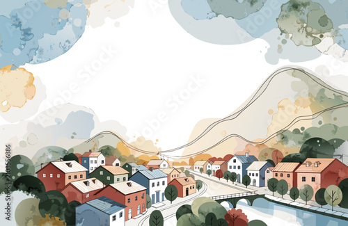 Watercolor village nestled in rolling hills with a river and bridge during daytime