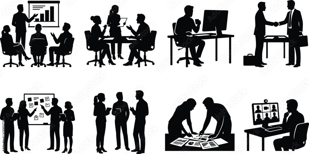 Obraz premium Black business meeting and office work silhouettes vector collection featuring corporate teams and strategy planning