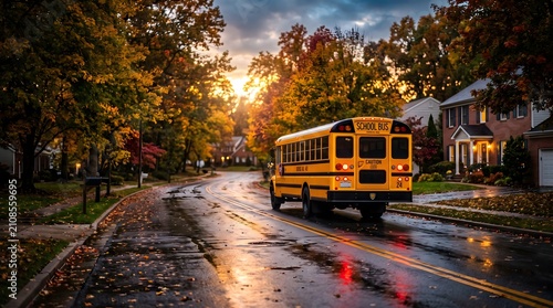 Yellow school bus driving on suburban street. Autumn morning commute in residential area.