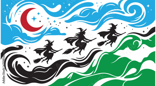 Canvastavla Halloween vector illustration of three witches flying on broomsticks in a starry