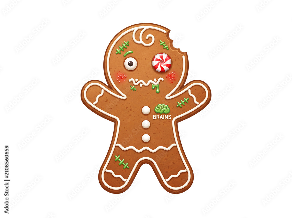 Obraz premium Creepy Cute Zombie Gingerbread Man Cookie with Peppermint Eye and Stitches, Halloween and Christmas Holiday Illustration