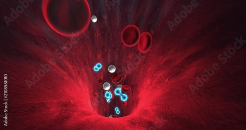 3D render of red blood cells flowing in vein with oxygen molecules seamless loop. Science And Health Related 3D Animation.