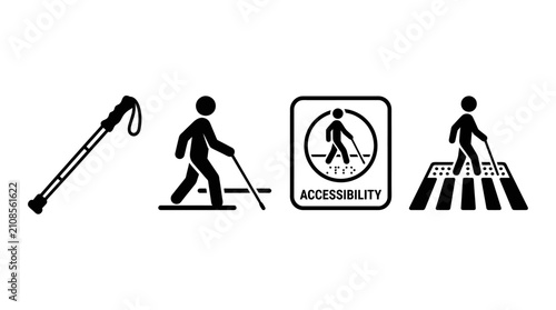Blind person accessibility icons showing cane and tactile paving on white background