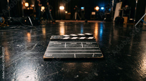 Movie Set Clapperboard: A close-up of a clapperboard resting on a polished floor in a dimly lit film studio, ready for action, symbolizing the start of a new production.