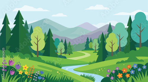 Spring Mountain Landscape with Green Forest, Wildflowers and Winding Path – Flat Vector Nature Illustration