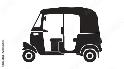 Black and white vector silhouette of an Indian auto rickshaw. Traditional three-wheeler tuk-tuk taxi transport isolated on white background.