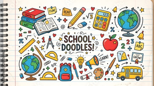 Hand drawn school doodles on notebook paper. Education icons and back to school sketches.