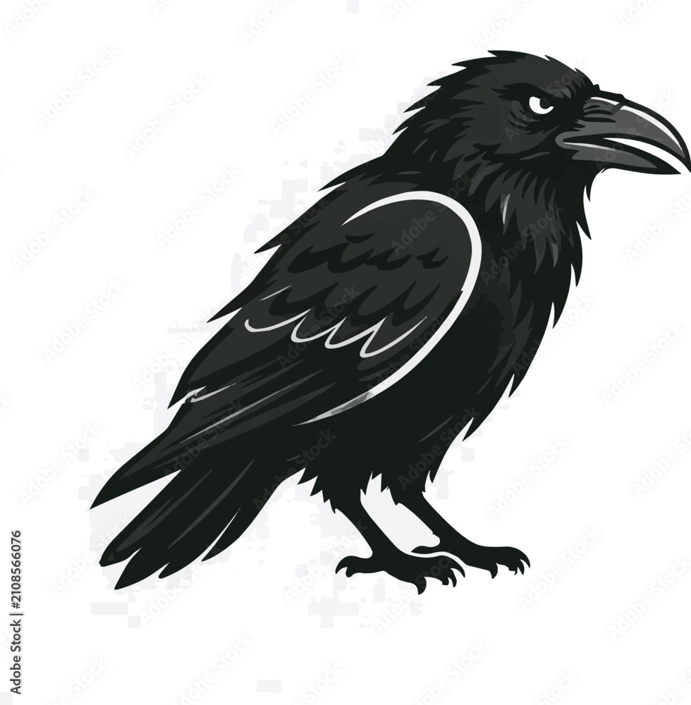 Fototapeta premium Created on hand drawn silhouette Angry black raven, logo, monochrome drawing, bird Icon, raven symbol Illustrations vector art on white background