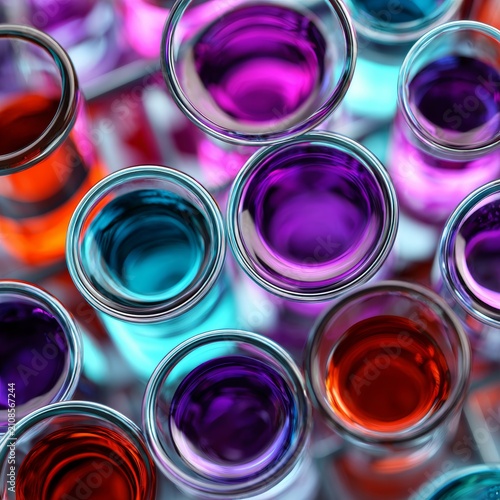 Brightly colored laboratory test tubes filled with liquid