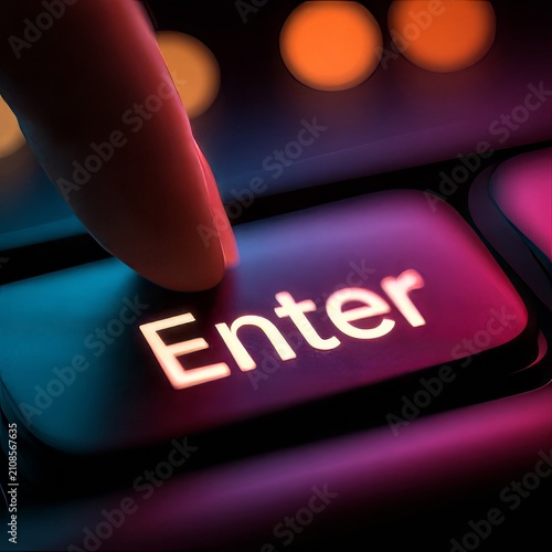 Clicking the enter key in a vibrant tech environment